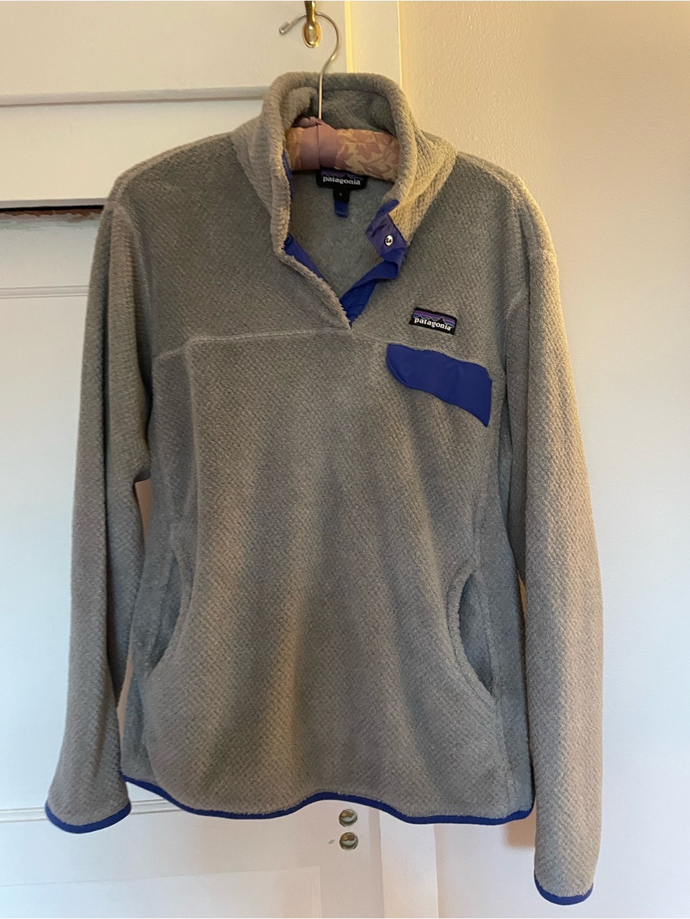 Patagonia Gray Fleece Jacket with Purple Trim and Pink Hanger Detail